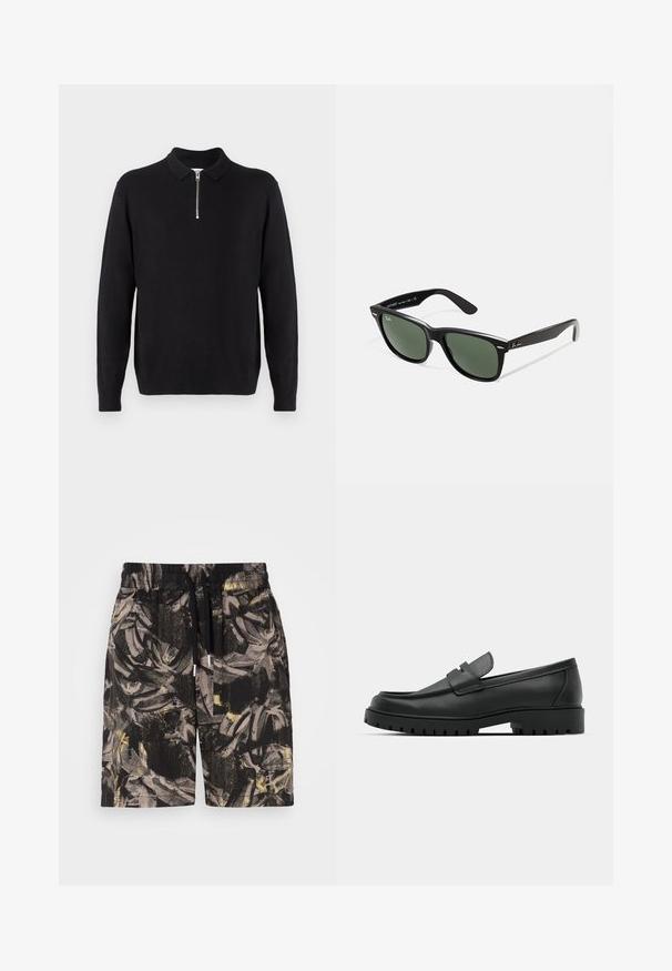 Čierny pulóver so zipsom na golieri, dlhými rukávmi, rebrovanými manžetami a lemom, vyrobený z mäkkej, hladkej tkaniny.; Čierne kraťasy s výrazným, abstraktným vzorom listov v šedých a žltých odtieňoch. Majú elastický pás a šnúrku na stiahnutie pre nastaviteľné prispôsobenie.; Čierne kožené mokasíny s okrúhlou špičkou, s prešitým dizajnom, nízkou platformou a textúrovanou, zúbkovanou gumovou podrážkou.; Čierne plastové slnečné okuliare so zelenými šošovkami, štvorcové rámy, strieborný akcent na obočí a textúrované ramenné opierky. Brand uvedený na vnútornej strane ramien.