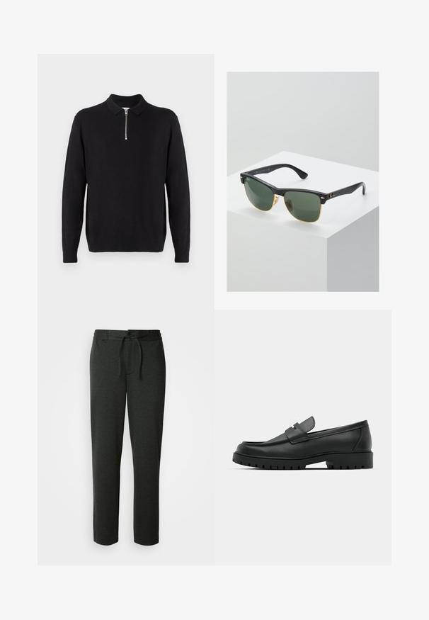 Pull noir à col zippé, à manches longues, avec des poignets et un ourlet côtelés, fabriqué dans un tissu doux et lisse.; Pantalons de jogging gris foncé en mélange de coton doux. Comprend une taille élastique avec cordon de serrage et des poches latérales. Design à jambes droites.; Mocassins en cuir noir à bout arrondi, avec un design cousu, une semelle plateforme basse et une semelle en caoutchouc texturée et crantée.; Lunettes de soleil Ray-Ban avec des verres verts, monture en plastique noir et accents dorés sur les bords. Forme carrée avec une finition mate.