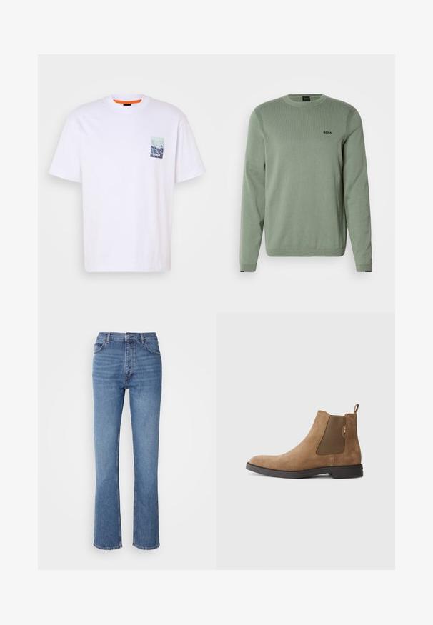 Lysegrøn strikket sweater med lange ærmer, rund hals, ribbede detaljer og sort "BOSS" logo på brystet. Glat tekstur.; Hvid bomulds t-shirt med korte ærmer, rund halsudskæring og et lille blåt grafisk lomme-design med "BOSS" foran.; Blå denimjeans med høj talje, lige ben-design og subtilt slid. Har klassisk fem-lommers stil og lynlås lukning.; Brune ruskinds Chelsea-støvle med elastiske sidepaneler og en hulsløjfe. Har en rund tå og en flad gummisål for stabilitet.
