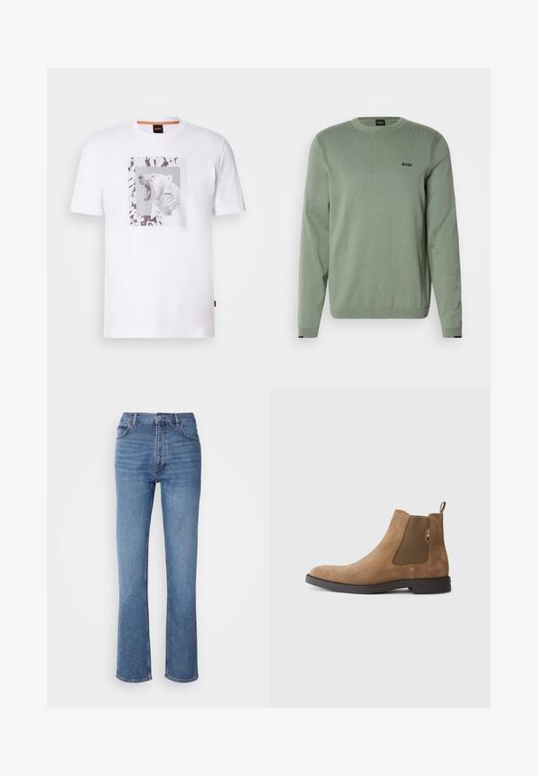 Ljusgrön stickad tröja med lång ärm, rund hals, ribbade detaljer och svart "BOSS"-logotyp på bröstet. Slät textur.; Vit bomull t-shirt med en grafik av ett vrålande isbjörn inom en rektangulär ram, accentuerad av abstrakta svarta och grå mönster.; Blå denimjeans med hög midja, rak bendesign och subtila blekningar. Har klassisk femficksdesign och dragkedja.; Brun mocka Chelsea-stövlar med elastiska sidopaneler och en dragflik. Har en rundad tå och en platt gummisula för stabilitet.