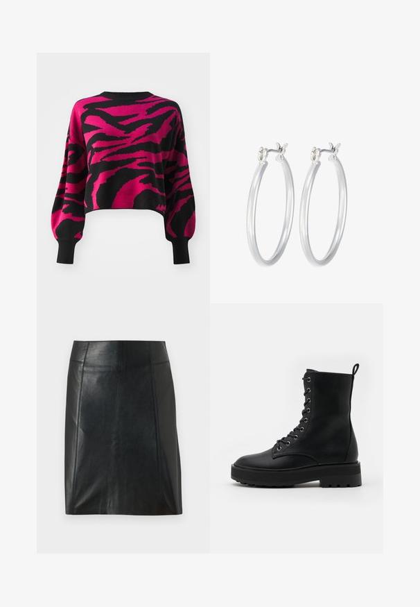 Kratka pulover v črni in roza barvi, ki ima drzno zigzag vzorec. Narejen je iz pletenega materiala z širokimi rokavi in ribastimi manšetami.; Črna usnjena krilo s prilegajočo zasnovo. Gladka tekstura, šivi, ki obdajajo obliko, in ravna obroba. Minimalističen in eleganten videz.; Črne čipkaste gležnjarje iz teksturirane usnje, ki imajo kovinske zanke in trden podplat z gumijastim profilom za boljšo oprijemljivost.; Srebrni obroči za ušesa z gladko, polirano površino. Okrogla oblika in varna zaponka s klikom. Lahka zasnova, primerna za vsakodnevno nošenje.