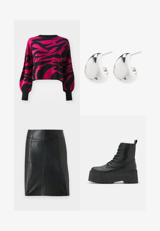 Pull court noir et rose, avec un motif en zigzag audacieux. Fabriqué en matériau tricoté avec des manches larges et des poignets côtelés.; Jupe en cuir noir au design ajusté. Texture lisse, coutures soulignant la forme et ourlet droit. Apparence minimaliste et élégante.; Bottes noires jusqu'à la cheville avec une semelle épaisse en plateau, en cuir lisse, dotées d'un design à lacets et d'une languette à l'arrière.; Boucles d'oreilles en argent avec un design lisse et courbé. Elles présentent une finition polie et un fermoir à tige pour un port sécurisé.