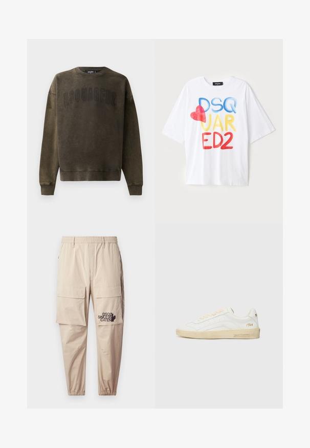 Dsquared2 Sweatshirt - brown; White short-sleeve t-shirt with colorful text: "DSQ JAR ED2" in blue, yellow, and red, featuring a red heart accent. Cotton fabric.; Beige cargo pants made of lightweight fabric, featuring an elastic waistband, zip pockets, and a printed logo on the left leg.; White leather sneaker with beige laces, off-white rubber sole, and subtle perforations. Features gold text "1964" and branding on the heel.