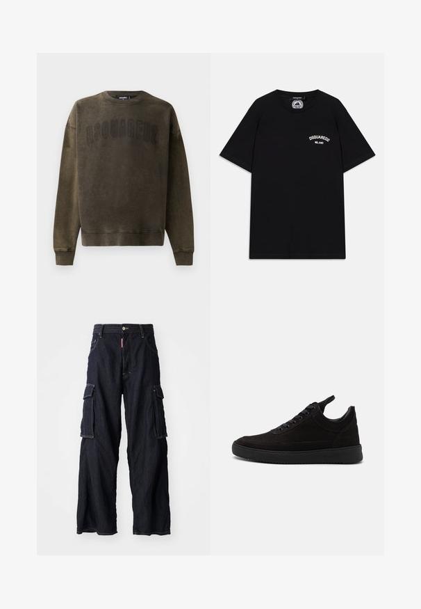 Dsquared2 Sportska majica - brown; Crna pamučna majica s kratkim rukavima, s bijelim logotipom "DSQUARED2 MILANO" na prsima. Okrugli izrez, glatka tekstura.; Tamno plave traperice cargo sa širokim nogavicama, koje imaju velike bočne džepove i prednje kopčanje na dugme. Težak materijal, žuti šavovi kao naglasci.; Crne suede tenisice s okruglim vrhom, vezanjem sprijeda, podstavljenim ovratnikom i teksturiranom gumenom potplatom za bolje prianjanje. Minimalistički dizajn i glatka završna obrada.