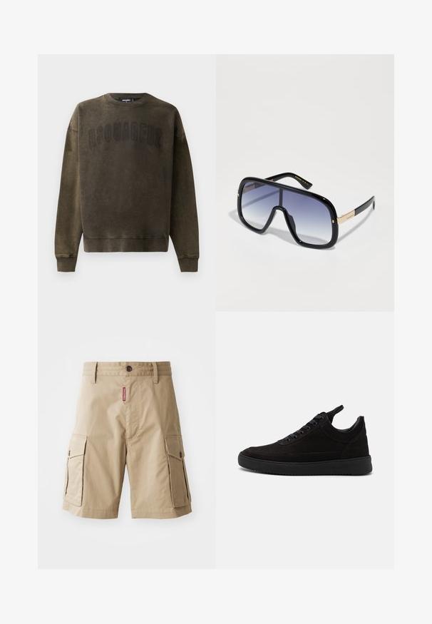 Dsquared2 Sudadera - brown; Pantalones cortos cargo beige de mezcla de algodón, con dos bolsillos laterales, cierre de botón y una etiqueta roja cosida en la parte frontal.; Zapatillas de ante negro con punta redondeada, cierre con cordones en la parte frontal, cuello acolchado y suela de goma texturizada para mayor agarre. Diseño minimalista y acabado suave.; Gafas de sol negras de gran tamaño con lentes púrpuras degradados, acabado brillante y detalles dorados en las patillas. Forma de marco rectangular.