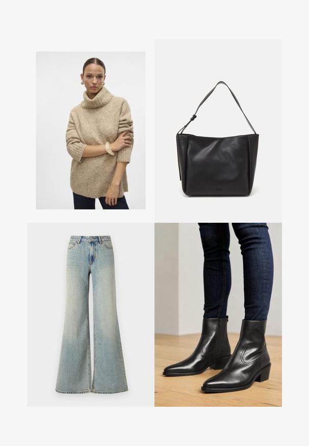 Beżowy sweter z golfem, dziergany, o prążkowanej fakturze, z obniżonymi ramionami i krótkimi rękawami, w połączeniu z przezroczystą bransoletką na nadgarstku.; Jasnoniebieskie dżinsy o szerokich nogawkach z wysokim stanem, z wyblakłym wykończeniem, kieszeniami z przodu i subtelnym rozcięciem na dole nogawek.; Czarne skórzane botki za kostkę z wydłużonym noskiem, minimalnymi szwami i niskim, zastosowanym obcasem. Gładka faktura z eleganckim designem.; Calvin Klein GRACIE czarny