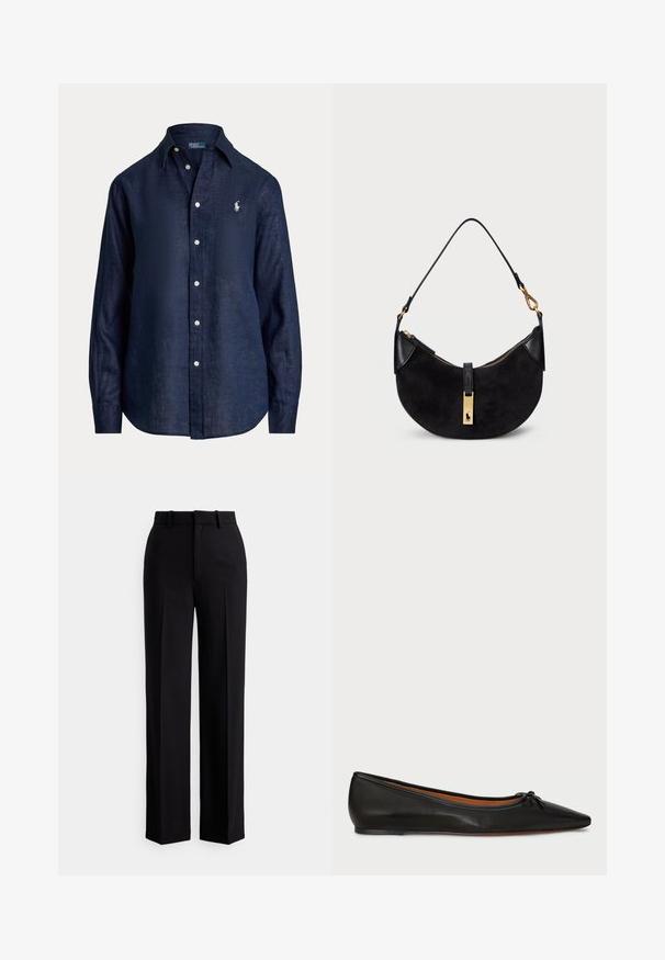 Knit sweater featuring a cream base, black and red geometric patterns, and a ribbed collar and cuffs. Soft texture with a loose fit.; Navy blue linen shirt with long sleeves, button front, pointed collar, and small embroidered logo on the left chest. Soft, textured fabric.; Black high-waist wide-leg trousers with belt loops and front pleats, displayed against a white background.; Black leather ballet flat with a pointed toe, slim silhouette, and a small bow detail on the front. Smooth texture and minimal design.; Black handbag with a curved shape, made of suede and leather, featuring a gold-tone zipper and a logo detail. Includes a short handle.