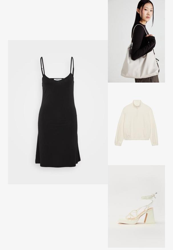 Pulover od flisa u boji off-white, s polu-zip ovratnikom, prednjim džepom i elastičnom donjim rubom s dugim, suženim rukavima. Mekana tekstura.; Crna haljina bez rukava s V-izrezom i tankim trakama. Tkanina je glatka, ima opušten kroj i blago šireći rub.; Bijela sandala na visokoj potpetici s debelim petom, s remenom i vezanjem oko gležnja. Glatka tekstura s platformom sprijeda za dodatnu visinu.; Bežna torba od mekog materijala s opuštenim dizajnom, šivanim detaljima i dva remena za rame. Pogodna za svakodnevnu upotrebu.