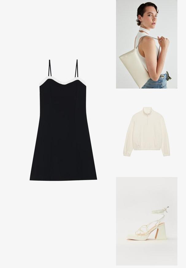 Pull en polaire couleur blanc cassé, avec un col zippé mi-hauteur, une poche avant et un ourlet élastique avec des manches longues et effilées. Texture douce.; Robe noire avec des fines bretelles, corsage ajusté et ourlet évasé. Bordure froncée blanche le long de l'encolure. Tissu lisse et léger.; Sandale blanche à talons hauts avec un talon épais, présentant un design à lanières et un lien autour de la cheville. Texture lisse avec une plateforme à l'avant pour une hauteur supplémentaire.; Pochette rectangulaire blanche en matériau brillant, avec une bandoulière en chaîne argentée. Le modèle pose en mettant en valeur le sac contre un fond uni.