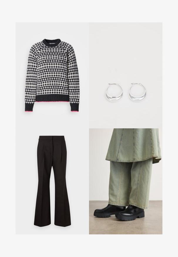 Knitted sweater with a round neckline, geometric patterns in navy and cream, featuring a pink hem and ribbed cuffs. Soft texture.; Black flared pants with a smooth texture, featuring a high waist, side pockets, and front pleats for added design detail.; Black ankle boots with chunky, textured soles paired with wide, light green denim pants featuring contrasting stitching.; Silver hoop earrings with a polished finish and DKNY branding, displayed against a plain white background.