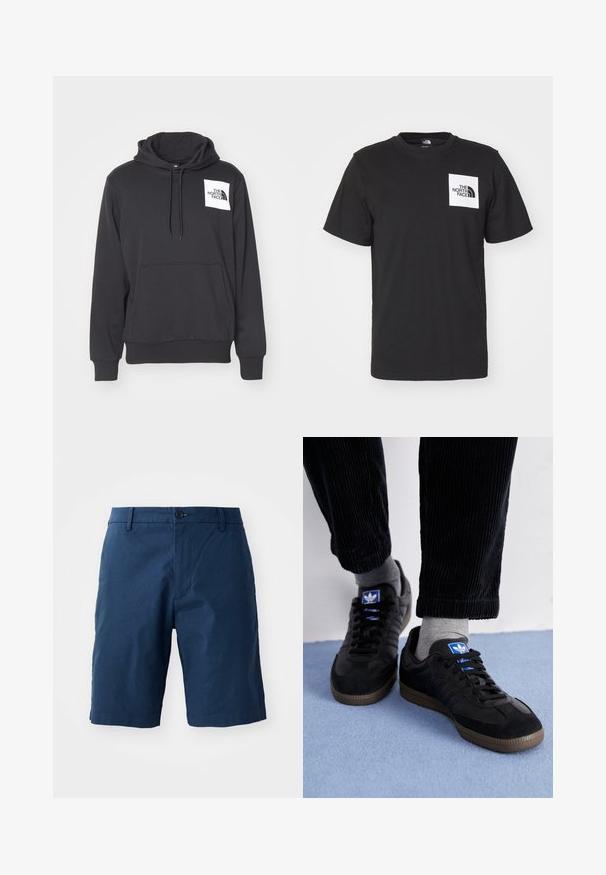 Černá mikina z měkké tkaniny s přední klokaní kapsou, šňůrkovou kapucí a bílou nášivkou loga na levé části hrudi.; Černé bavlněné tričko s krátkým rukávem, kulatým výstřihem a bílým čtvercovým logem na hrudi, které obsahuje text "The North Face" a zakřivený design.; Námořnické modré kraťasy z lehkého materiálu, s plochým předním dílem, zapínáním na knoflík, bočními kapsami a hladkou texturou.; Černé tenisky z semišového a koženého materiálu, s modrým logem a hnědou gumovou podrážkou. Spárováno se šedými ponožkami a manšestrovými kalhotami.