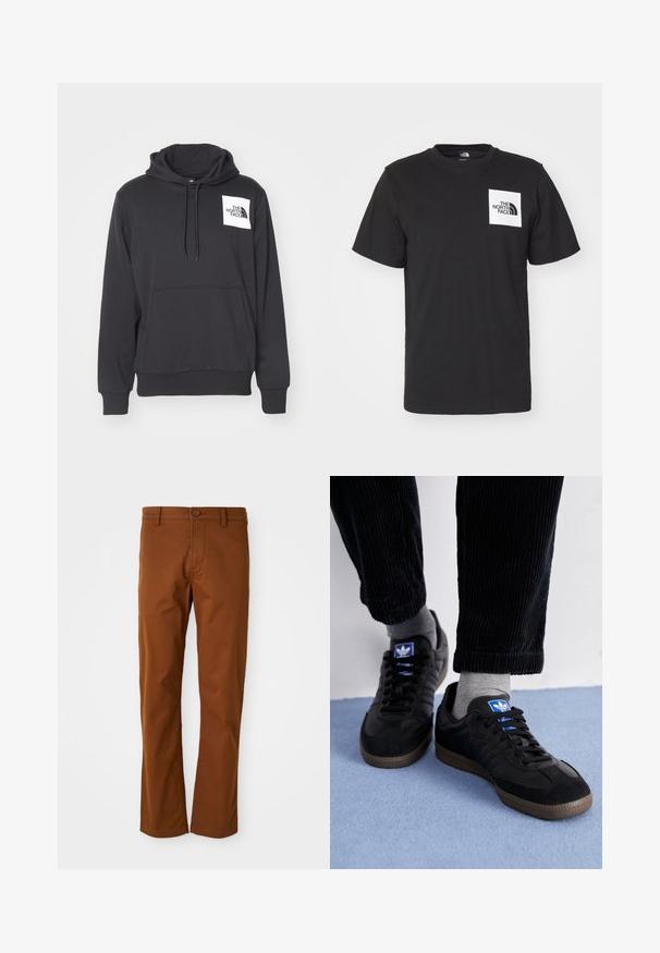 Black hoodie made of soft fabric featuring a front pouch pocket, drawstring hood, and white logo patch on the left chest area.; Black cotton t-shirt with short sleeves, crew neck, and a white square chest logo featuring "The North Face" text and curved design.; Brown cotton trousers with a regular fit, featuring a button closure, belt loops, and straight leg design. Smooth texture with no patterns.; Black sneakers with suede and leather material, featuring a blue logo and brown rubber sole. Paired with gray socks and corduroy pants.