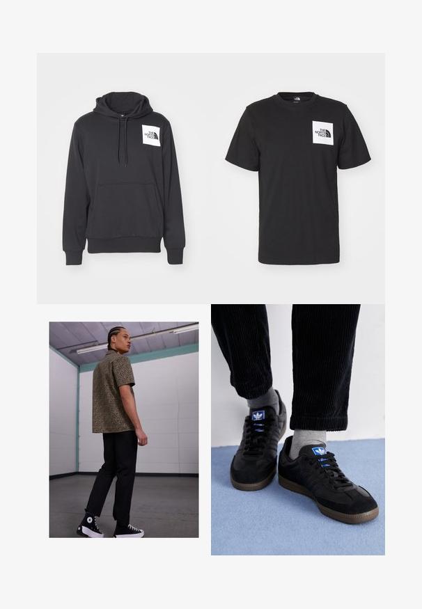 Felpa nera con cappuccio realizzata in tessuto morbido, dotata di tasca frontale a marsupio, cappuccio con cordino e patch con logo bianco sulla parte sinistra del petto.; T-shirt nera in cotone con maniche corte, colletto girocollo e un logo quadrato bianco sul petto con il testo "The North Face" e un design curvo.; Camicia a maniche corte con stampa leopardata in marrone e nero, abbinata a pantaloni neri e sneaker alte nere con dettagli bianchi.; Scarpe da ginnastica nere in materiale scamosciato e in pelle, con un logo blu e una suola in gomma marrone. Abbinati a calzini grigi e pantaloni in velluto a coste.