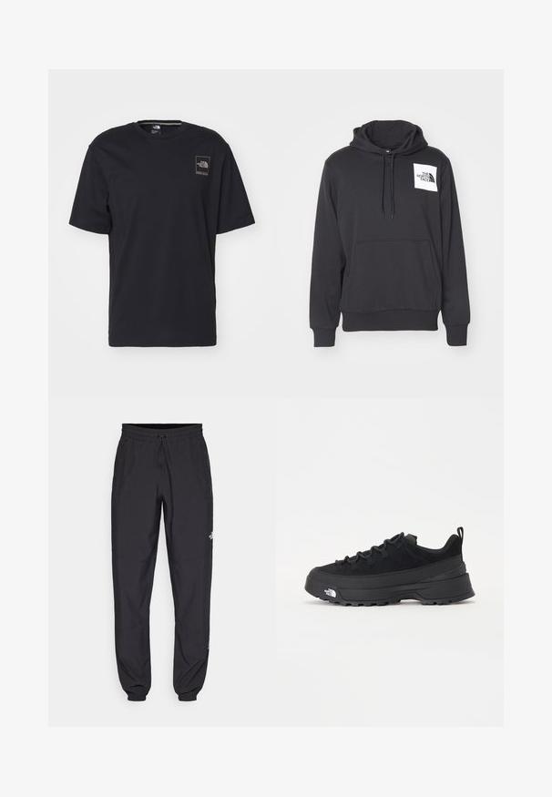 Sort hættetrøje lavet af blødt stof med en forreste lomme, snøre i hætten og hvidt logo-patch på venstre brystområde.; The North Face COORDINATES TEE - T-shirts print - black; Sorte atletiske bukser lavet af letvægtsstof, med en snor i taljen, sidelommer og tapered manchetter ved anklerne.; Sort udendørs sneakers med overdel i ruskind, tekstureret gummisål og robust snøringssystem. Har en forstærket hæl og logo fra mærket på siden.
