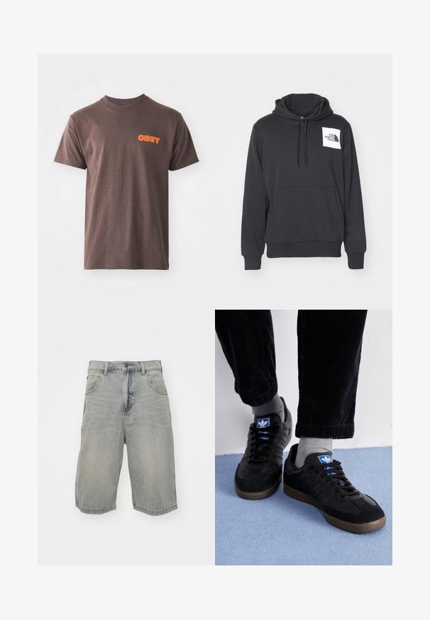 Svart hettegenser laget av myk stoff med en forlommer, snor i hetten, og hvit logo-patch på venstre brystområde.; Brun bomull t-skjorte med korte ermer, med en fremtredende oransje "OBEY" grafikk på venstre bryst. Enkel design med rund hals.; Lys blå denimshorts med avslappet passform, som har fem lommer, beltehemper og en falmet tekstur. Sømmen er rullet og sydd.; Sorte joggesko laget av semsket skinn og lær, med en blå logo og brun gummisåle. Paret med grå sokker og kordfløylebukser.