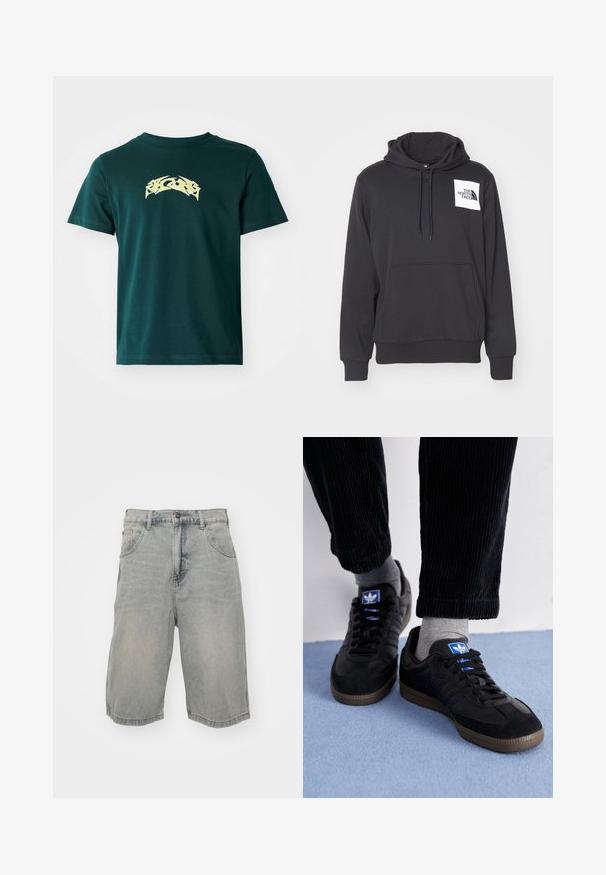 Schwarze Kapuzenjacke aus weichem Stoff mit einer Vordertasche, Kordelzugkapuze und einem weißen Logo-Patch auf der linken Brustseite.; Dunkelgrünes Baumwoll-T-Shirt mit Rundhalsausschnitt und kurzen Ärmeln. Verfügt über ein gelbes grafisches Design auf der Brust. Glatte Textur.; Helle blaue Denim-Shorts mit lässiger Passform, die fünf Taschen, Gürtelschlaufen und eine verblasste Textur aufweisen. Der Saum ist gerollt und genäht.; Schwarze Sneaker aus Wildleder und Leder, ausgestattet mit einem blauen Logo und einer braunen Gummisohle. Kombiniert mit grauen Socken und Cordhosen.