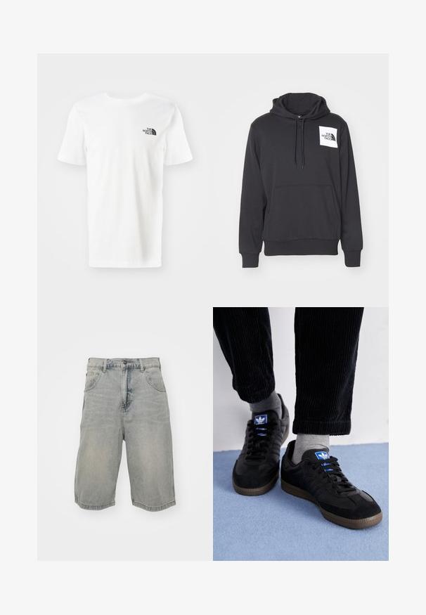 Melns kapuce, izgatavota no mīksta auduma, ar priekšējo kabatu, auklu kapuci un balto logo uzlīmi kreisajā krūtī.; Balts īsās piedurknes T-krekls, izgatavots no kokvilnas. Funkcijā ir mazs melns logo kreisajā krūtī. Tieša apakšmala un apaļa kakla izgriezums.; Gai zilas džinsa šorti ar brīvu piegriezumu, pieci kabatas, jostas cilpas un bālgana tekstūra. Apakšmalas ir sarullētas un šūtas.; Melni sporta apavi ar zamšas un ādas materiālu, ar zilu logo un brūnu gumijas zoli. Apvienoti ar pelēkiem zeķēm un korduroja biksēm.