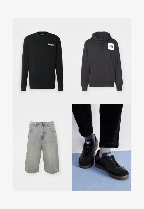 Sort hættetrøje lavet af blødt stof med en forreste lomme, snøre i hætten og hvidt logo-patch på venstre brystområde.; KAVU ETCH ART - Langærmet T-shirt - black; Lyseblå denimshorts med en afslappet pasform, der har fem lommer, bæltestropper og en falmet tekstur. Sømmen er rullet og syet.; Sorte sneakers lavet af ruskind og læder, med et blåt logo og en brun gummisål. Kombineret med grå sokker og kordfløjlbukser.