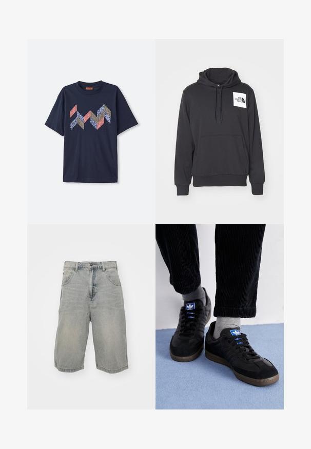 Svart hettegenser laget av myk stoff med en forlommer, snor i hetten, og hvit logo-patch på venstre brystområde.; Marineblå bomull T-skjorte med et geometrisk zigzag-mønster i rød, beige, blå og hvite nyanser. Korte ermer og rund hals.; Lys blå denimshorts med avslappet passform, som har fem lommer, beltehemper og en falmet tekstur. Sømmen er rullet og sydd.; Sorte joggesko laget av semsket skinn og lær, med en blå logo og brun gummisåle. Paret med grå sokker og kordfløylebukser.