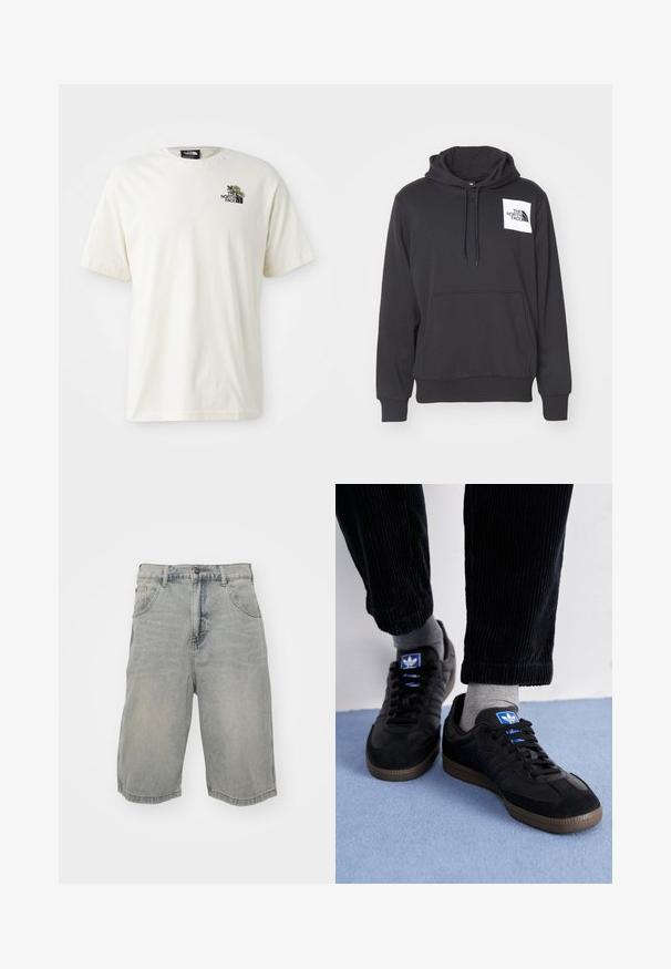 Black hoodie made of soft fabric featuring a front pouch pocket, drawstring hood, and white logo patch on the left chest area.; Cream-colored cotton t-shirt with crew neck, short sleeves, and left chest graphic featuring flowers and "The North Face" logo.; Light blue denim shorts with a relaxed fit, featuring five pockets, belt loops, and a faded texture. The hem is rolled and stitched.; Black sneakers with suede and leather material, featuring a blue logo and brown rubber sole. Paired with gray socks and corduroy pants.