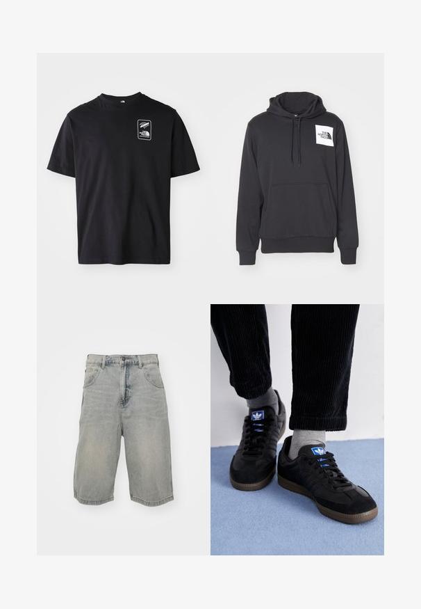 Sort hættetrøje lavet af blødt stof med en forreste lomme, snøre i hætten og hvidt logo-patch på venstre brystområde.; Sort bomulds T-shirt med korte ærmer og rund halsudskæring, med et hvidt grafisk logo i en rektangulær ramme på venstre brystområde.; Lyseblå denimshorts med en afslappet pasform, der har fem lommer, bæltestropper og en falmet tekstur. Sømmen er rullet og syet.; Sorte sneakers lavet af ruskind og læder, med et blåt logo og en brun gummisål. Kombineret med grå sokker og kordfløjlbukser.