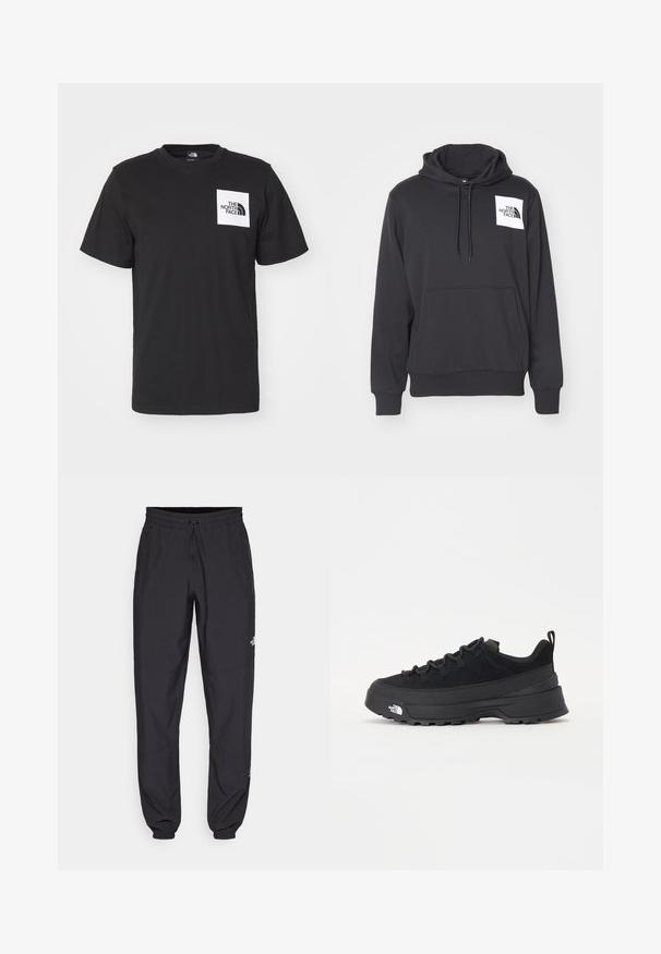 Černá mikina z měkké tkaniny s přední klokaní kapsou, šňůrkovou kapucí a bílou nášivkou loga na levé části hrudi.; Černé bavlněné tričko s krátkým rukávem, kulatým výstřihem a bílým čtvercovým logem na hrudi, které obsahuje text "The North Face" a zakřivený design.; Černé sportovní kalhoty vyrobené z lehké tkaniny, s páskem na šňůrku, bočními kapsami a zúženými manžetami na kotnících.; Černé venkovní tenisky s horní částí ze semiše, texturovanou gumovou podrážkou a pevným šněrováním. Obsahují zesílenou patu a logo značky na boku.