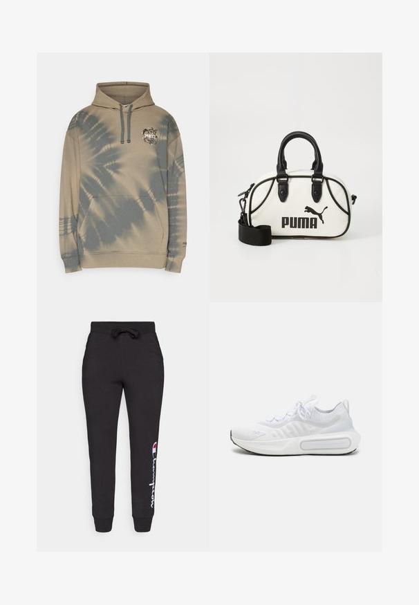Hellbraune Kapuzenjacke mit Batikmuster in dunkleren Farbtönen. Sie verfügt über eine Kängurutasche, eine verstellbare Kapuze und ein kleines Logo auf der Brust.; Schwarze Jogginghose aus weichem Stoff, mit einem Kordelzugbund und gerippten Bündchen, auf der Seite mit einem weißen und roten "Champion"-Logo.; Weißer Sportschuh mit einem strukturierten Strick-Obermaterial, Schnürverschluss, gepolsterter Sohle und einem markanten Branding-Detail an der Seite.; Weißer Handtasche mit schwarzen Akzenten, ausgestattet mit einem Puma-Logo. Kurze, abgerundete Griffe und ein abnehmbarer Schultergurt, hergestellt aus strukturiertem synthetischem Material.
