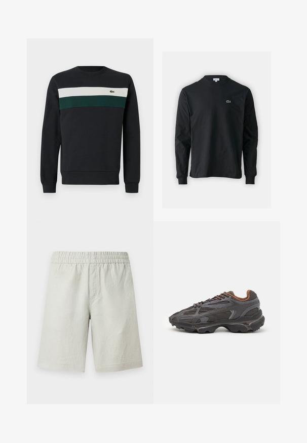 Dark sweatshirt featuring a black base, with green and white horizontal stripes across the chest and a small embroidered logo on the left.; Black long-sleeve t-shirt made of cotton, featuring a round neckline and a small green embroidered crocodile logo on the left chest.; Light grey shorts made from textured fabric, featuring an elastic waistband and side seam pockets; straight cut design.; Lacoste sneakers in dark gray with mesh and synthetic material, featuring a textured sole and brown accents on the collar and branding.