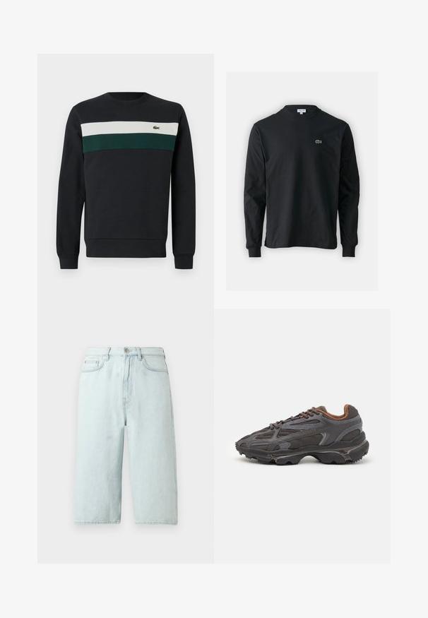 Donkere sweatshirt met een zwarte basis, voorzien van groene en witte horizontale strepen op de borst en een klein geborduurd logo aan de linkerkant.; Zwarte longsleeve t-shirt van katoen, met een ronde halslijn en een klein groen geborduurd krokodillenlogo op de linkerborst.; Lichtblauwe denim shorts met een rechte pijp, een taille die tot halverwege de heupen reikt, steekzakken aan de voorkant en een enkele achterzak, afgewerkt met subtiele stiksels.; Lacoste sneakers in donkergrijs van mesh en synthetisch materiaal, met een gestructureerde zool en bruine accenten op de kraag en branding.