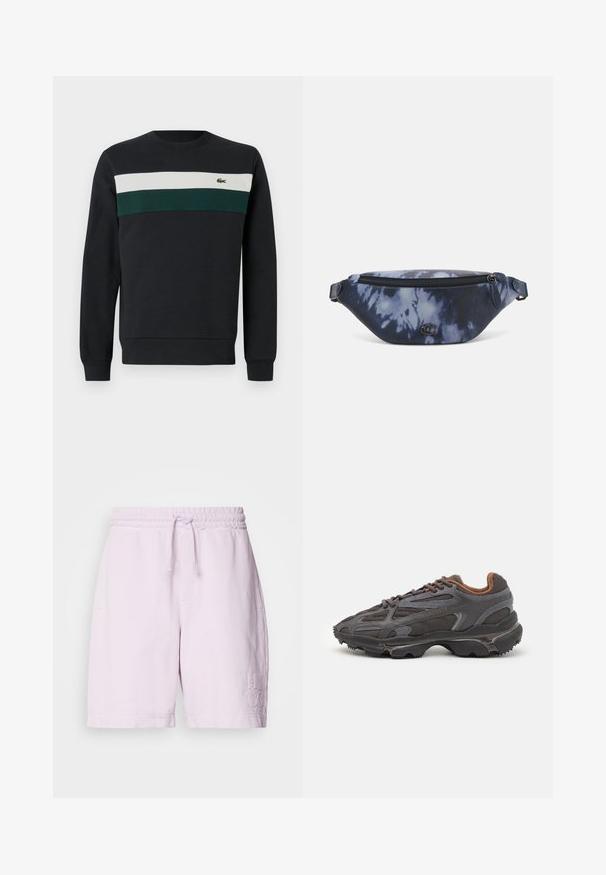 Sweatshirt sombre avec une base noire, comportant des rayures horizontales vertes et blanches sur la poitrine et un petit logo brodé à gauche.; Shorts en coton rose avec une taille élastique et un cordon de serrage, dotés de poches avant et d'un logo "HUGO" brodé sur la jambe gauche.; Baskets Lacoste en gris foncé, en matériau mesh et synthétique, avec une semelle texturée et des accents marron sur le col et le branding.; Sac banane en imprimé tie-dye bleu marine avec un dessus zippé, en matériau texturé et un logo en évidence sur le devant.