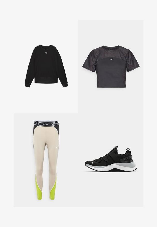 Zwarte sweatshirt met lange raglanmouwen, ronde hals en geribde manchetten. Heeft een klein wit logo op de borst. Soepele stoftextuur.; Zwarte cropped t-shirt met korte mouwen, met een strak design, een textuur van kant en een wit Puma-logo op de voorkant.; Beige leggings met een zwarte tailleband, voorzien van groene accenten en witte pipingdetails. Gemaakt van rekbaar materiaal voor comfort.; Zwarte sportschoen met een gestructureerde bovenkant, elastische banden en een dikke witte tussenzool. Heeft een grijze accent langs de zool.