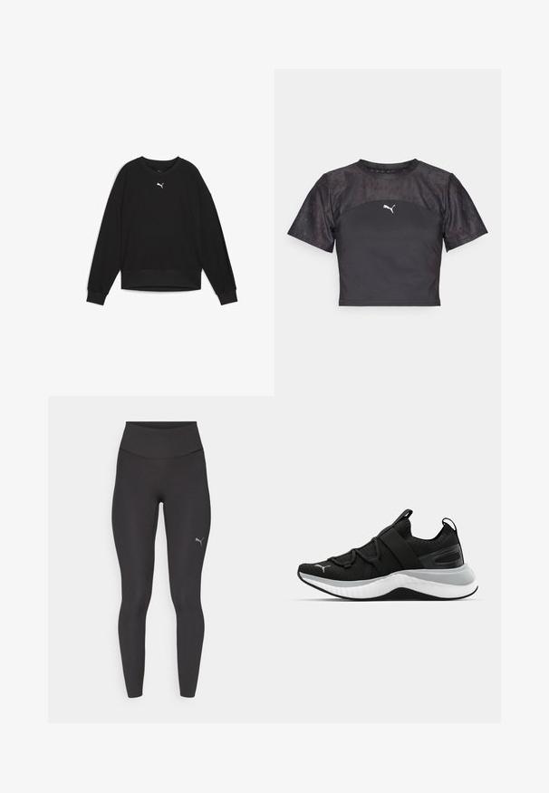 Black sweatshirt with long raglan sleeves, round neck, and ribbed cuffs. Features a small white logo on the chest. Smooth fabric texture.; Black cropped t-shirt with short sleeves, featuring a sleek design, textured lace panel, and a white Puma logo on the front.; Black high-waisted athletic leggings with tight fit, visible seams, and small reflective Puma logo on the left thigh.; Black athletic shoe with a textured upper, elastic straps, and a thick white midsole. Features a grey accent along the sole.