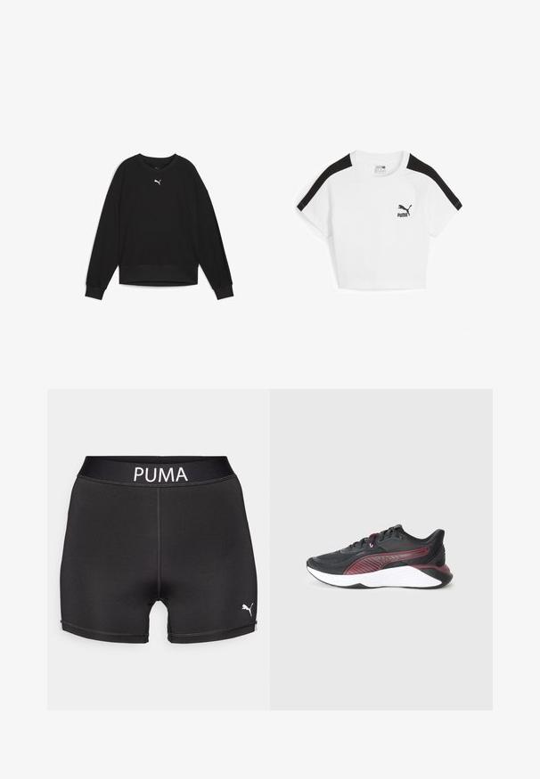 Černá mikina s dlouhými raglánovými rukávy, kulatým výstřihem a žebrovanými manžetami. Na hrudi se nachází malé bílé logo. Hladký texture látky.; Bílý zkrácený tričko s černými raglánovými rukávy, na prsou s malým černým logem Puma. Vyrobeno z bavlny.; Černé sportovní šortky vyrobené z elastického materiálu. Na pasu mají bílé logo "PUMA" a malé bílé logo na noze.; Černá sportovní obuv s texturovaným síťovaným svrškem, vínovými akcenty, polstrovanou bílou mezipodešví a vzorovaným bočním designem.