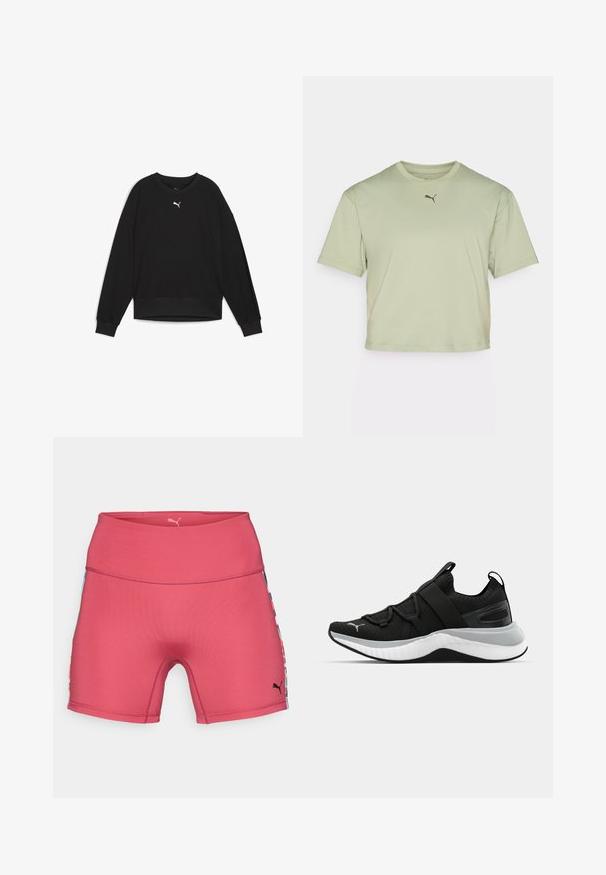 Crna dukserica s dugim raglan rukavima, okruglim izrezom i rebrastim manžetama. Ima mali bijeli logo na prsima. Glatka tekstura tkanine.; Svijetlozelena skraćena majica od mekog materijala, s okruglim izrezom i kratkim rukavima. Mali logo na grudima.; Ružičaste atletske kratke hlače s visokim pojasom, koje imaju šarene paneli sa strane i crnu oznaku na donjoj desnoj strani.; Crna atletska cipela s teksturiranim gornjim dijelom, elastičnim trakama i debelim bijelim potplatom. Ima sivi akcent uz potplat.