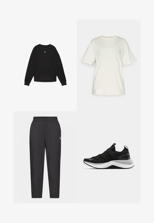 Fekete pulóver hosszú raglán ujjakkal, kerek nyakkal és bordázott mandzsettákkal. A mellkason egy kis fehér logó található. Simább anyagszerkezet.; Világos bézs színű pamut póló rövid ujjal, kerek nyakkal, és a mellkas közepén egy kis fehér Puma logóval. Puha, laza szabású.; Fekete sportnadrág, rugalmas derékkal, szűkülő lábszárakkal, sima textúrával és egy kis fehér logóval a bal csípőn.; Fekete sportcipő textúrázott felső résszel, rugalmas pántokkal és vastag fehér középtalppal. Szürke akcentussal rendelkezik a talp mentén.