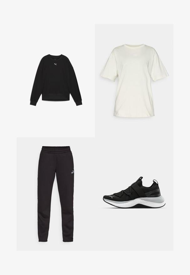 Black sweatshirt with long raglan sleeves, round neck, and ribbed cuffs. Features a small white logo on the chest. Smooth fabric texture.; Light beige cotton t-shirt with short sleeves, a round neck, and a small white Puma logo centered on the chest. Soft, casual fit.; Black sweatpants with a ribbed waist, tapered leg design, and a small white Puma logo on the front side. Made from a soft material.; Black athletic shoe with a textured upper, elastic straps, and a thick white midsole. Features a grey accent along the sole.