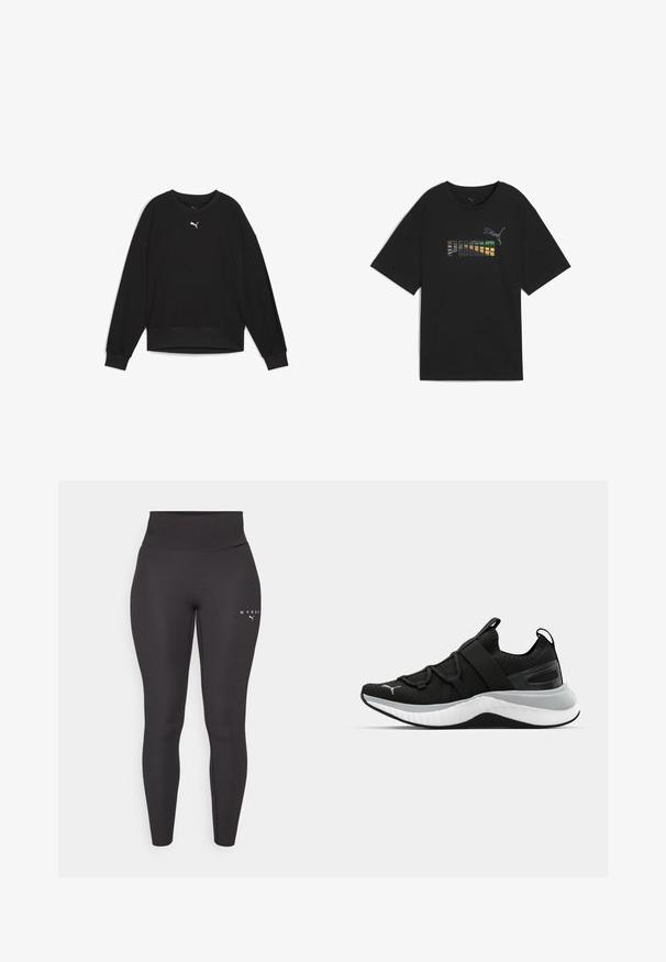 Čierna mikina s dlhými raglánovými rukávmi, okrúhlym výstrihom a rebrovanými manžetami. Na hrudi má malé biele logo. Hladká textúra látky.; Čierne tričko s voľným strihom, s multicolor grafikou textu "PUMA" a logom na hrudi. Vyrobené z mäkkej bavlnenej látky.; Čierne športové legíny vyrobené z elastického materiálu, s vysokým pásom a decentným logom na ľavej nohe. Hladká textúra.; Čierne športové topánky s textúrovaným zvrškom, elastickými pásikmi a hrubou bielou medzipodrážkou. Obsahujú sivý akcent pozdĺž podrážky.