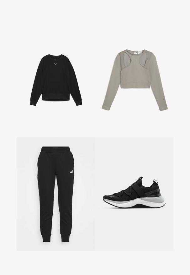 Schwarzer Sweatshirt mit langen Raglanärmeln, Rundhals und gerippten Bündchen. Verfügt über ein kleines weißes Logo auf der Brust. Glatte Stofftextur.; Helles graues, geripptes langärmliges Crop-Top mit Schulterauschnitten und einem dezenten Logo. Es zeichnet sich durch ein figurnahes Design und einen strukturierten Stoff aus.; Schwarze Sweatpants aus einem Baumwoll-Mischgewebe, mit einem Kordelzugbund, Rippbündchen und einem weißen Puma-Logo auf dem linken Oberschenkel.; Schwarzer Sportschuh mit strukturiertem Obermaterial, elastischen Riemen und einer dicken weißen Mittelsohle. Mit einem grauen Akzent entlang der Sohle.
