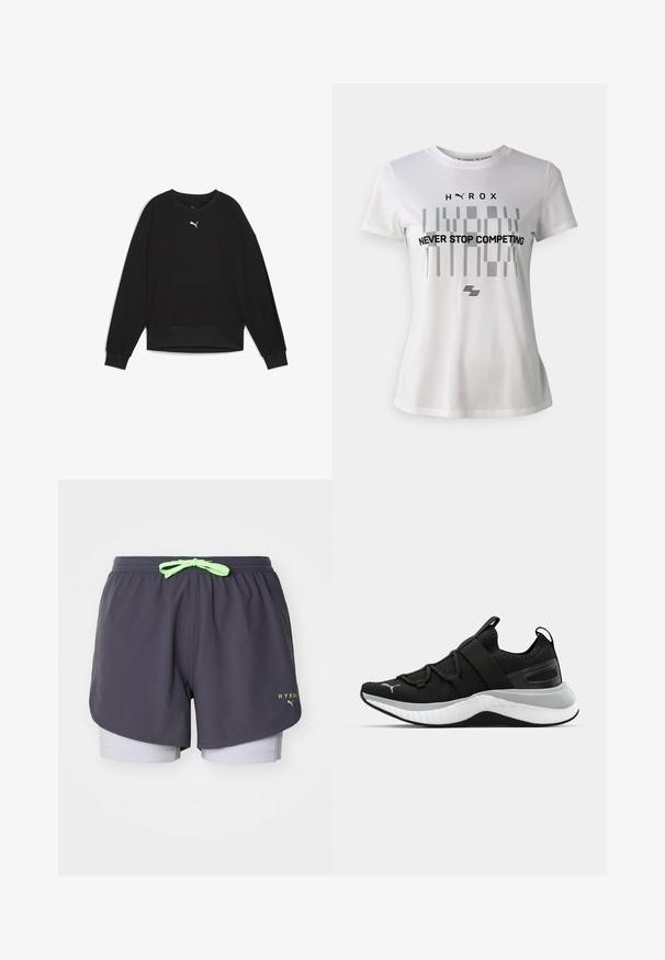 Sudadera negra con largas mangas raglán, cuello redondo y puños acanalados. Presenta un pequeño logo blanco en el pecho. Textura de tejido suave.; Camiseta atlética blanca de manga corta, con un diseño geométrico negro y el texto "NUNCA DEJES DE COMPETIR" en la parte frontal.; Pantalones cortos deportivos grises con cordón en verde lima. Presentan un diseño en capas con pantalones cortos internos de color gris claro. Incluyen el logo "HYROX" en verde.; Zapato deportivo negro con parte superior texturizada, correas elásticas y una suela intermedia blanca gruesa. Presenta un acento gris a lo largo de la suela.