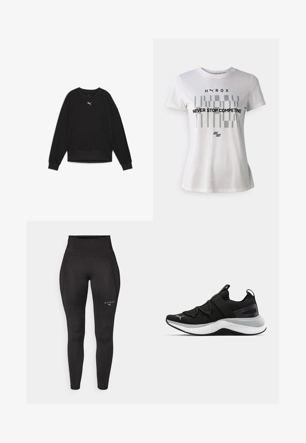 Felpa nera con maniche lunghe a raglan, collo tondo e polsini a costine. Presenta un piccolo logo bianco sul petto. Tessuto con una texture liscia.; Maglietta sportiva bianca a maniche corte, con un design geometrico nero e la scritta "NON SMETTERE MAI DI COMPETERE" sul davanti.; Leggings sportivi neri con una vita alta, caratterizzati da una texture liscia e cuciture piatte. Logo stampato in bianco sul lato sinistro.; Scarpa sportiva nera con tomaia testurizzata, cinghie elastiche e una spessa suola intermedia bianca. Presenta un accento grigio lungo la suola.