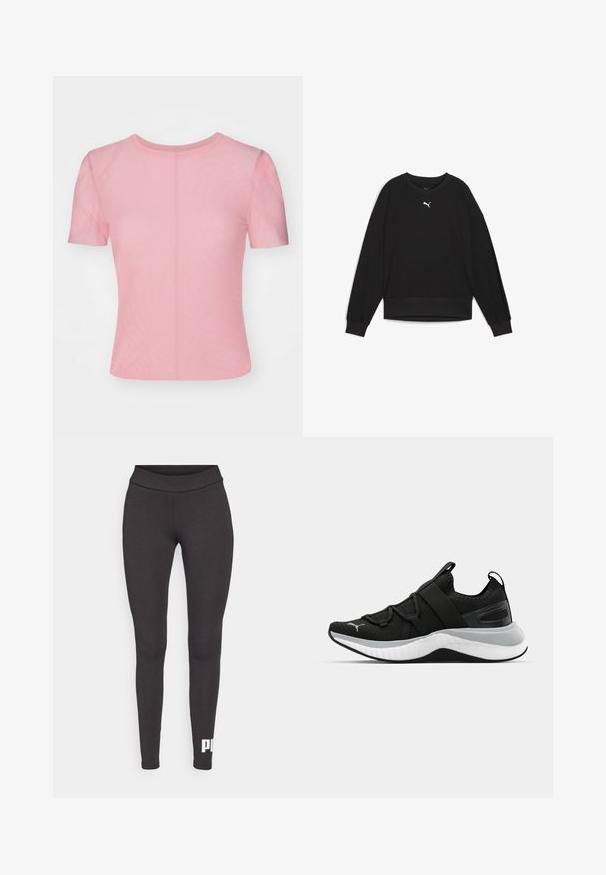 Fekete pulóver hosszú raglán ujjakkal, kerek nyakkal és bordázott mandzsettákkal. A mellkason egy kis fehér logó található. Simább anyagszerkezet.; Rövid ujjú, testhezálló póló, puha, könnyű anyagból készült. Szín: világos rózsaszín. Jellemzője a klasszikus nyak és a varrás nélküli kialakítás, sima textúrával.; Fekete leggings rugalmas anyagból, magas derékkal és fehér logóval, amely a bal alsó lábszáron található. Sima textúrájú.; Fekete sportcipő textúrázott felső résszel, rugalmas pántokkal és vastag fehér középtalppal. Szürke akcentussal rendelkezik a talp mentén.