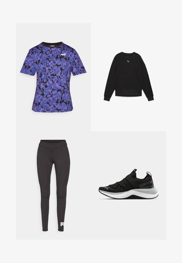Juodas treniruotinis megztinis su ilgais raglan rankovėmis, apvaliu kaklu ir megztomis rankogaliais. Ant krūtinės yra mažas baltas logotipas. Lygi audinio tekstūra.; Violetinė ir juoda trumpomis rankovėmis marškinėliai su tekstūruota kamufliažo raštu; turi apvalų iškirpimą ir ryškų baltą Puma logotipą ant krūtinės.; Juodi legginsai, pagaminti iš tamprios medžiagos, su aukštu juosmeniu ir baltu logotipu, atspausdintu ant kairės kojos apatinės dalies. Lygus paviršius.; Juodas sportinis batelis su tekstūruota viršutine dalimi, elastingomis juostomis ir storesniu baltu tarpiniai. Yra pilkas akcentas palei pado kraštą.