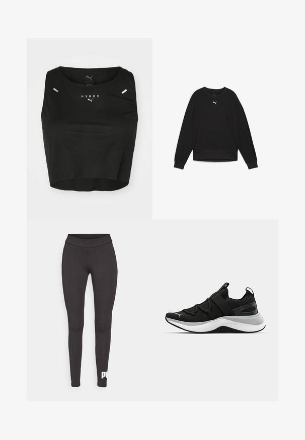 Crna dukserica s dugim raglan rukavima, okruglim izrezom i rebrastim manžetama. Ima mali bijeli logo na prsima. Glatka tekstura tkanine.; Crni skraćeni top bez rukava od teksturirane tkanine, sa okruglim izrezom, bijelim logotipom i dva mala reflektirajući akcenta na ramenima.; Crne tajice od rastezljivog materijala, s visokim pojasom i bijelim logotipom otisnutim na donjem lijevom dijelu noge. Glatka tekstura.; Crna atletska cipela s teksturiranim gornjim dijelom, elastičnim trakama i debelim bijelim potplatom. Ima sivi akcent uz potplat.
