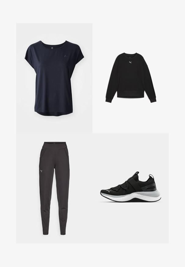 Čierna mikina s dlhými raglánovými rukávmi, okrúhlym výstrihom a rebrovanými manžetami. Na hrudi má malé biele logo. Hladká textúra látky.; Námorníckomodrá športová tričko s krátkymi rukávmi, mäkká tkanina, okrúhly výstrih a mierne zakrivený spodný lem. Malá logovú detail vpredu.; Čierne športové legíny vyrobené z elastického materiálu, s vysokým pásom, bočnými vreckami a malým reflexným logom na ľavom stehne.; Čierne športové topánky s textúrovaným zvrškom, elastickými pásikmi a hrubou bielou medzipodrážkou. Obsahujú sivý akcent pozdĺž podrážky.