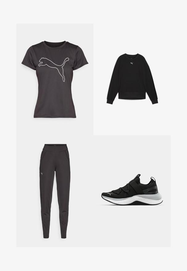 Juodas treniruotinis megztinis su ilgais raglan rankovėmis, apvaliu kaklu ir megztomis rankogaliais. Ant krūtinės yra mažas baltas logotipas. Lygi audinio tekstūra.; Juodas sportinis marškinėliai, pagaminti iš lygaus audinio, su baltu šokinėjančiu katės logotipu priekyje, turintys prigludusią trumpa rankove dizainą.; Juodi sportiniai legginsai, pagaminti iš tamprios medžiagos, su aukštu juosmeniu, šoninėmis kišenėmis ir maža atspindinčia logo kairiajame šlaunyje.; Juodas sportinis batelis su tekstūruota viršutine dalimi, elastingomis juostomis ir storesniu baltu tarpiniai. Yra pilkas akcentas palei pado kraštą.