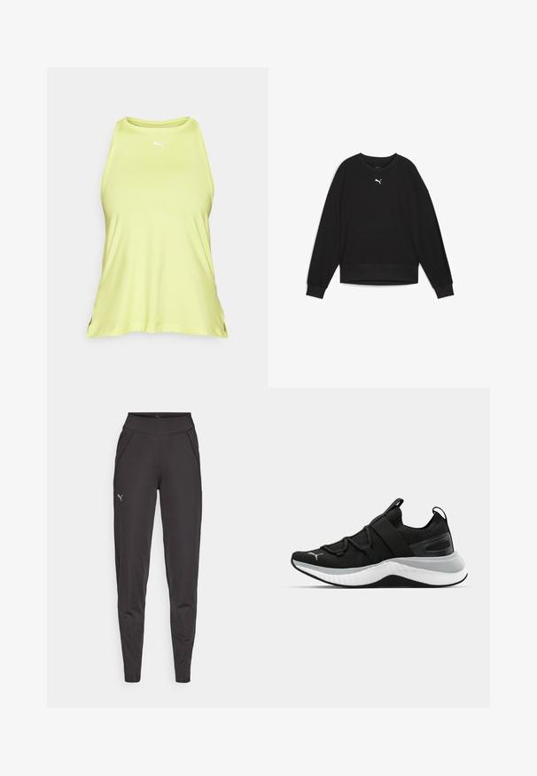 Black sweatshirt with long raglan sleeves, round neck, and ribbed cuffs. Features a small white logo on the chest. Smooth fabric texture.; Light green sleeveless top made of smooth fabric. Features a round neckline and a small white logo on the chest. Side slits enhance mobility.; Black athletic leggings made of stretchy fabric, featuring a high waistband, side pockets, and a small reflective logo on the left thigh.; Black athletic shoe with a textured upper, elastic straps, and a thick white midsole. Features a grey accent along the sole.