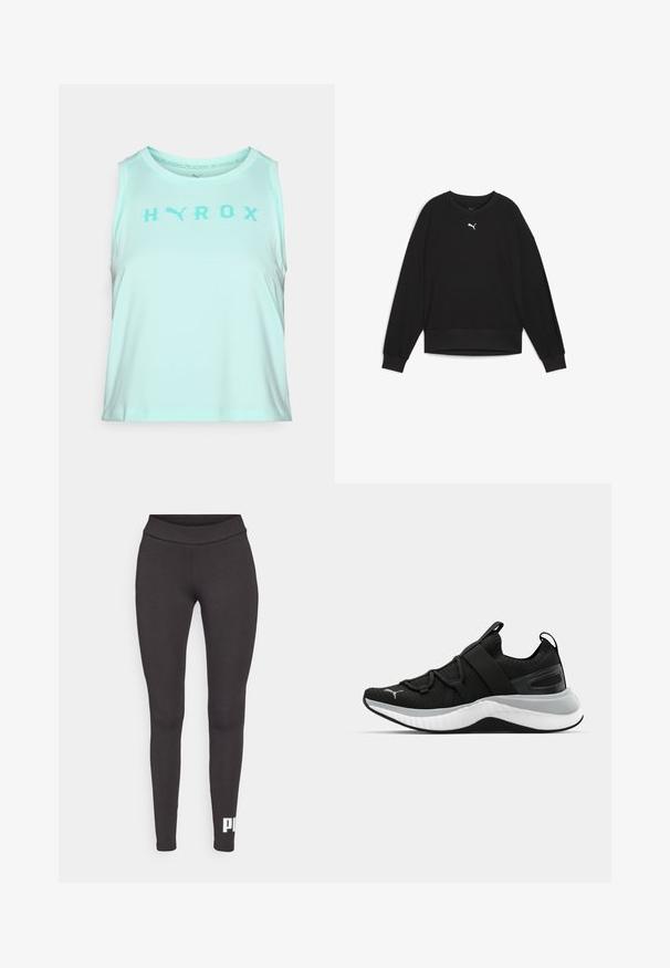 Sudadera negra con largas mangas raglán, cuello redondo y puños acanalados. Presenta un pequeño logo blanco en el pecho. Textura de tejido suave.; Top sin mangas de color turquesa claro, hecho de una tela suave, con un escote redondeado y sisas amplias, con la palabra "HYROX" impresa en un turquesa más oscuro.; Leggings negros hechos de tela elástica, con una cintura alta y un logo blanco impreso en la parte inferior de la pierna izquierda. Textura suave.; Zapato deportivo negro con parte superior texturizada, correas elásticas y una suela intermedia blanca gruesa. Presenta un acento gris a lo largo de la suela.