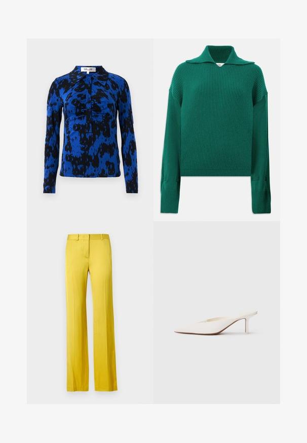 Zeleni pleteni pulover z rebrastim vzorcem, širokim ovratnikom, dolgimi rokavi in stranskimi razpoki. Ima teksturiran zaključek in sproščen kroj.; Majica z dolgimi rokavi v modro-črnem abstraktnem vzorcu. Ima ovratnik in zapiranje na gumb, z nabranimi detajli na sredini.; Hlače širokih hlačnic v svetlo rumeni barvi, izdelane iz gladkega blaga. Imajo sprednji žep in oblikovan pas za strukturiran videz.; Bela mule s koničastim nosom in nizko stiletto peto. Narejena iz gladkega materiala z minimalističnim dizajnom in subtilnim detajlom belega podplata.