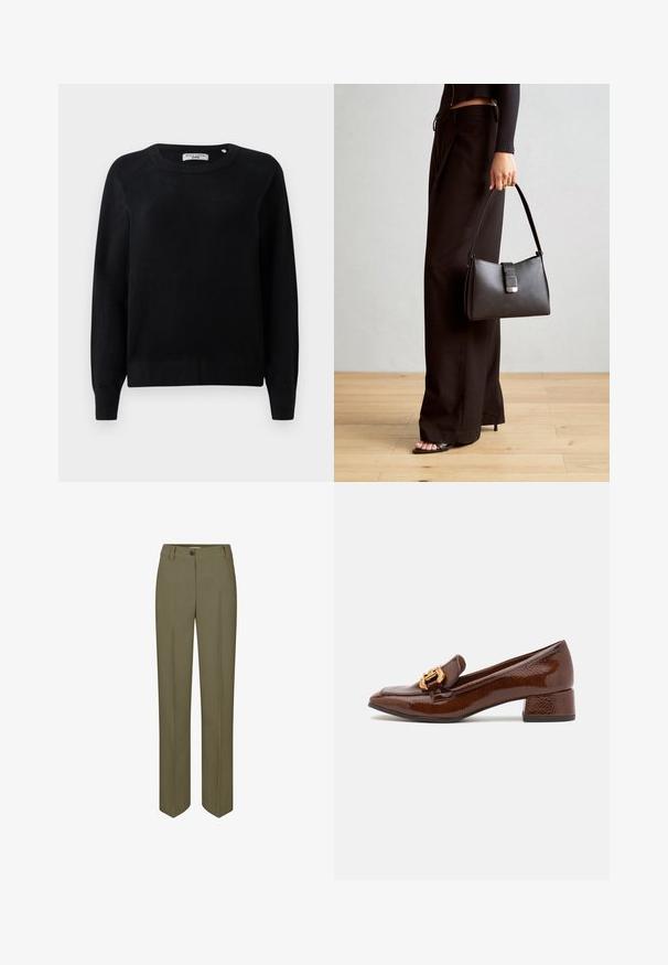 Suéter negro de punto con cuello redondo, mangas largas y puños y dobladillo acanalados. Textura suave, sin patrones ni elementos metálicos visibles.; Pantalones ajustados verde oliva con pierna recta, cierre de botón simple y dos pliegues frontales, con una textura suave y tejida.; Mocasines de cuero marrón con un acabado brillante, que presentan una hebilla decorativa dorada en la parte frontal y un tacón bajo tipo bloque. Diseño clásico.; Bolso negro con forma estructurada, textura suave y un cierre metálico. Combinado con pantalones anchos negros y sandalias de dedo en un suelo de madera.