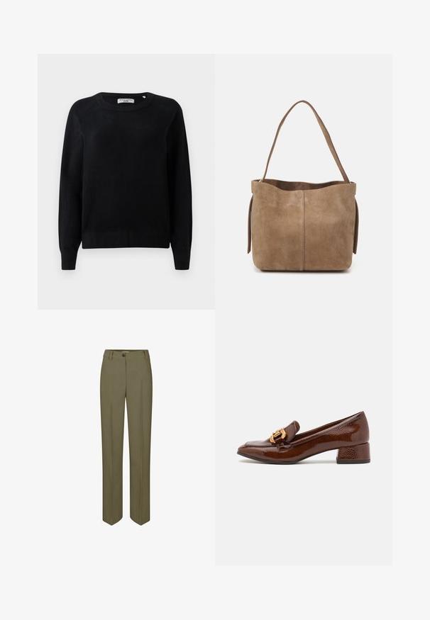 Černý pletený svetr s kulatým výstřihem, dlouhými rukávy a žebrovanými manžetami a lemem. Měkká textura, žádné viditelné vzory nebo kovy.; Olivově zelené kalhoty na míru se rovnými nohavicemi, zapínáním na jeden knoflík a dvěma předními záhyby, s hladkou tkanou strukturou.; Hnědé kožené mokasíny s lesklým povrchem, se zdobnou zlatou sponou na přední straně a nízkým blokovým podpatkem. Klasický design.; Hnědá velká taška z nubukové kůže s jemnou texturou, otevřeným vrchem a jedním ramenním popruhem. Obsahuje hladký povrch a minimalistiké detaily.